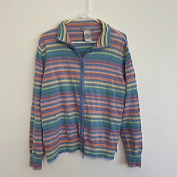 VINTAGE SAG HARBOR Blue Pink Yellow Rainbow Stripe Full Zip Sweatshirt / Sweater - Picture 5 of 11